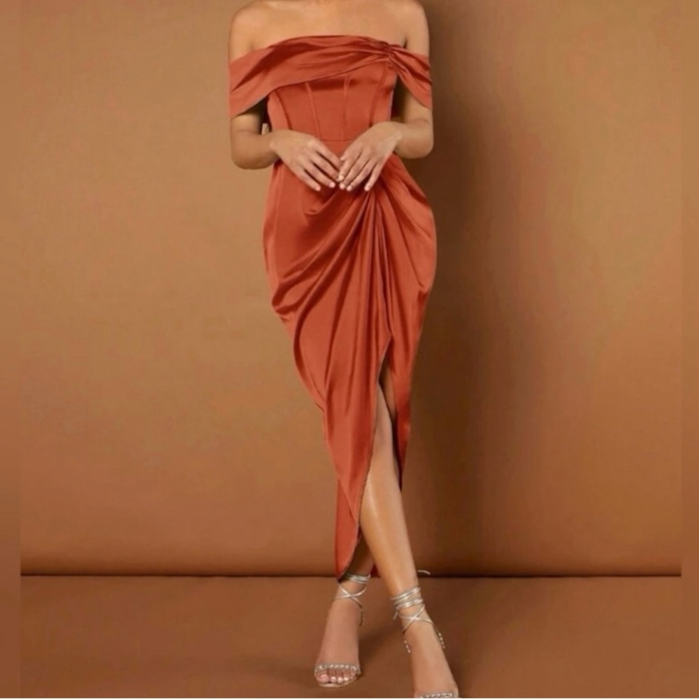Rusty Asymmetrical Off-Shoulder Cocktail Gown